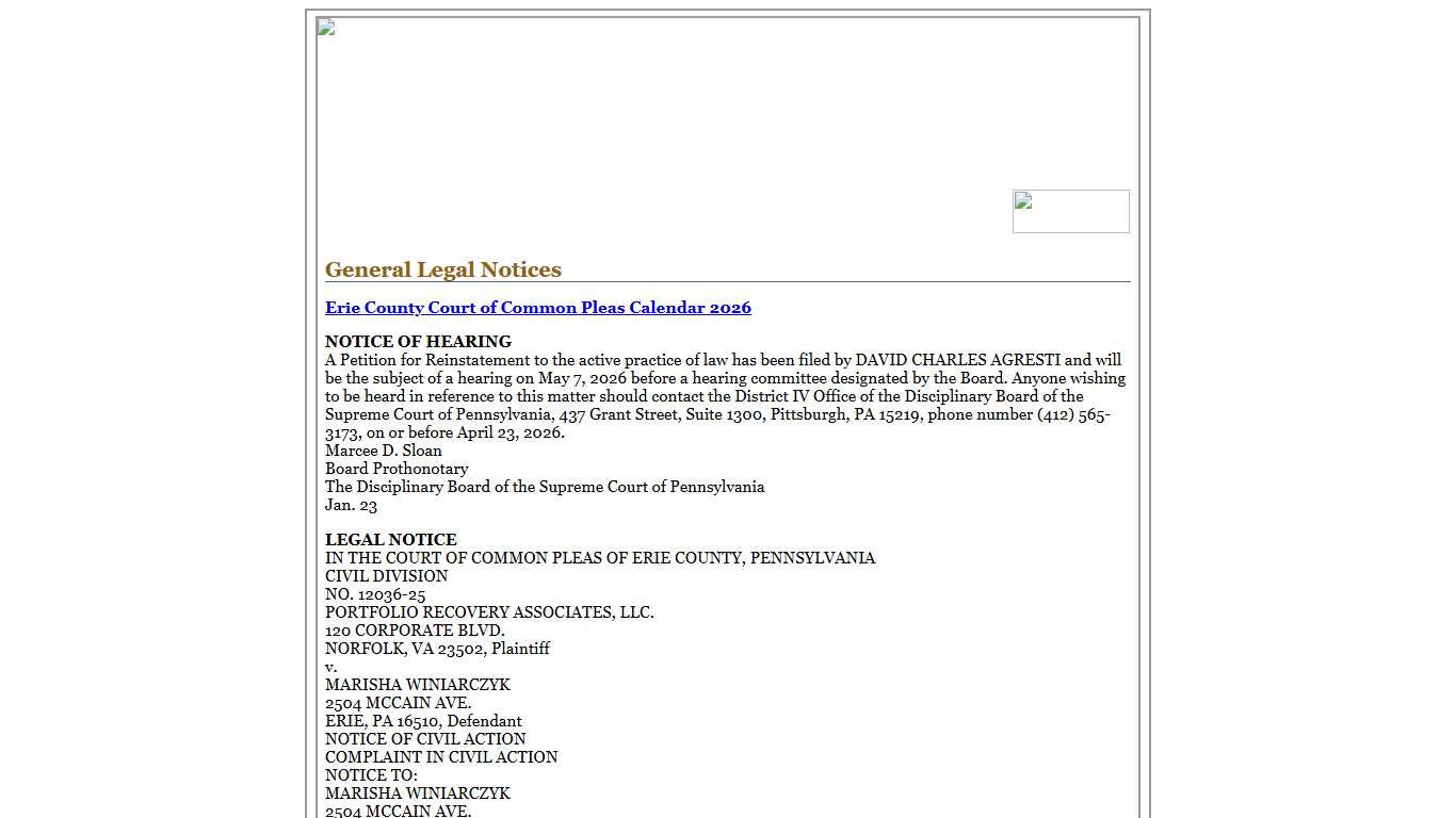 Other Legal Notices - Erie County Legal Journal